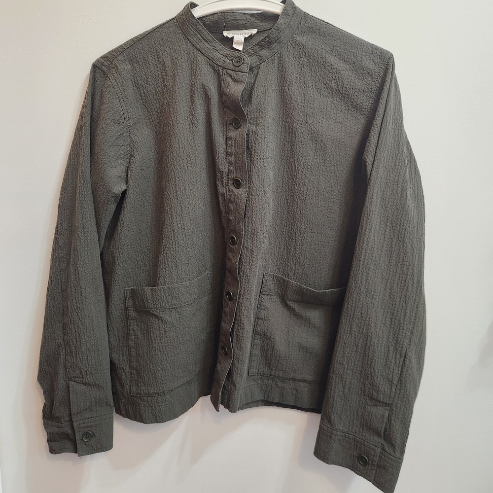 Eileen Fisher Organic Cotton Pucker Mandarin Collar Jacket in Seaweed XS/P - Picture 2 of 11